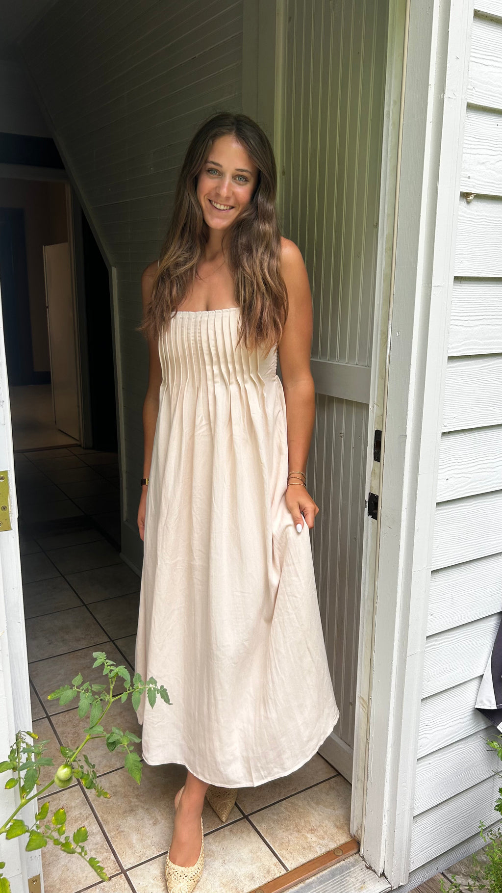 beige pleated maxi dress