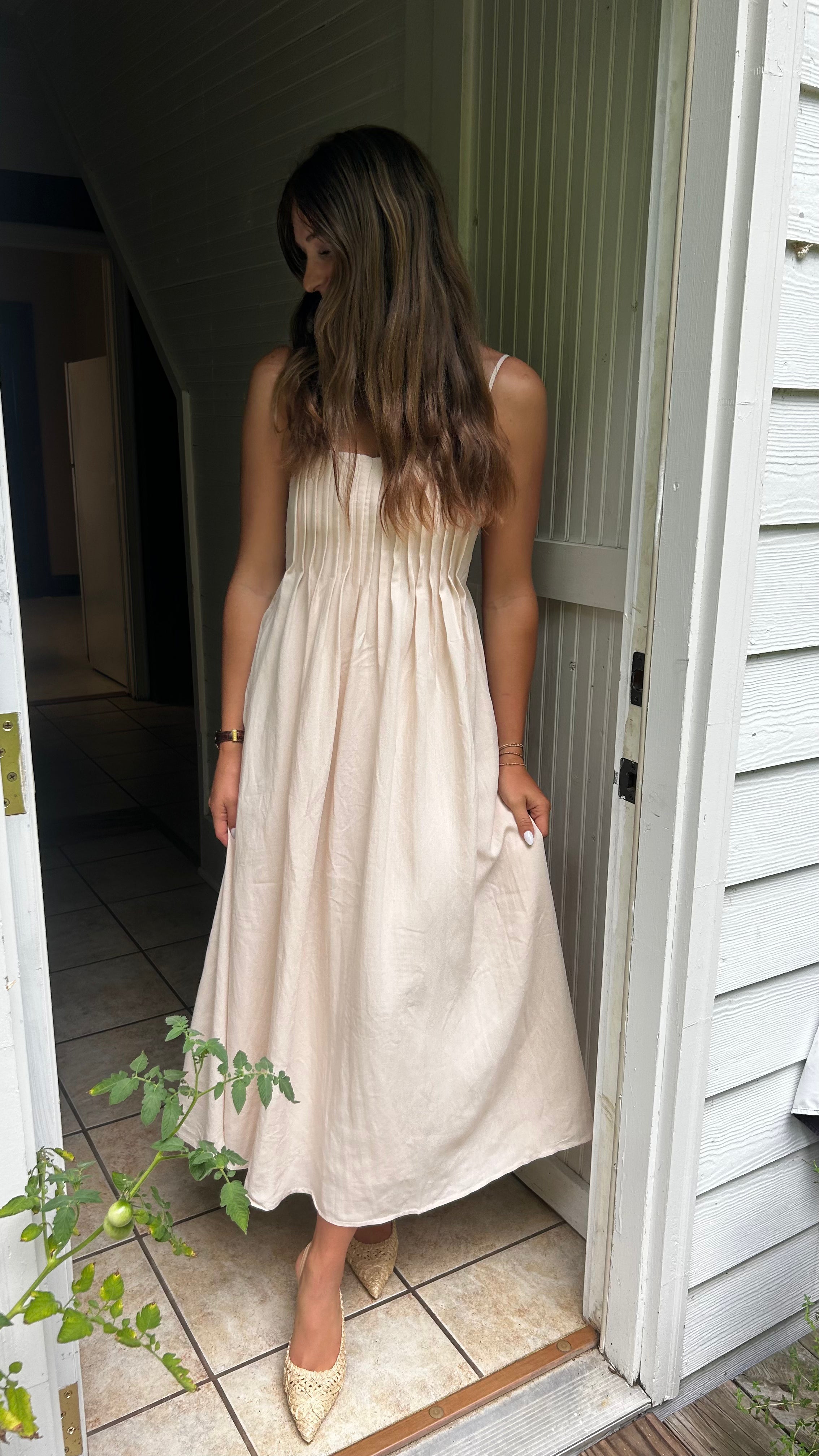 beige pleated maxi dress