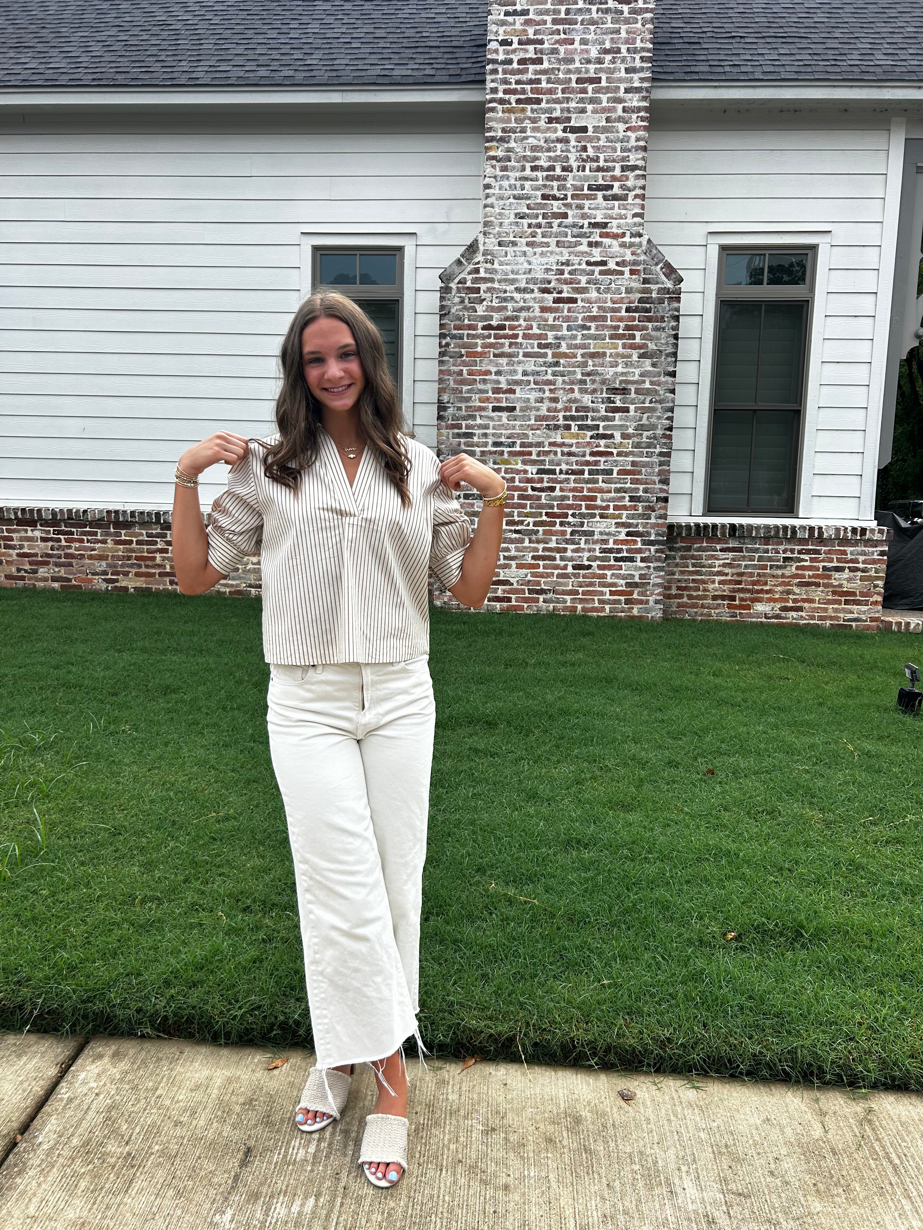 O striped taupe detailed blouse