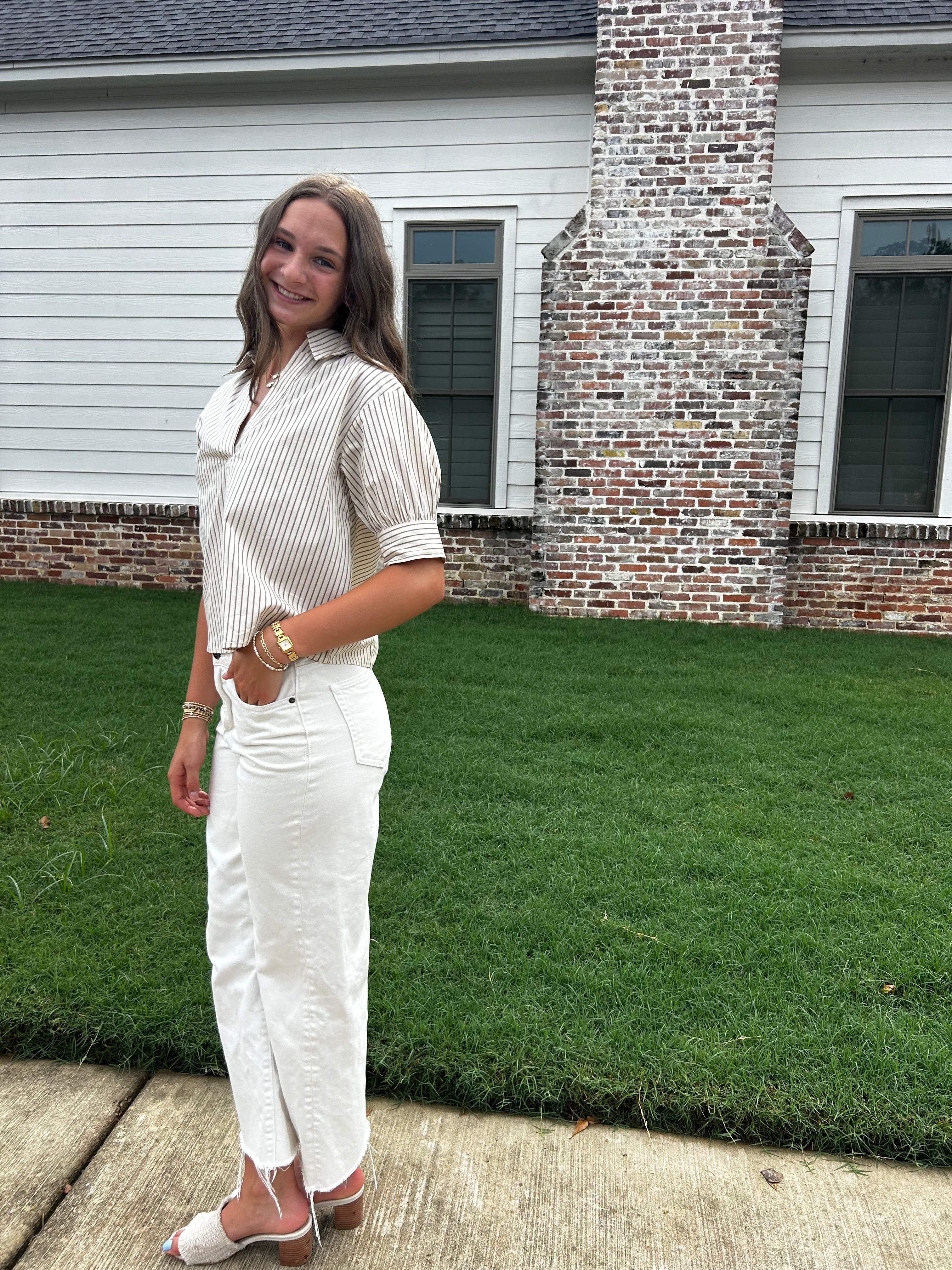 O striped taupe detailed blouse