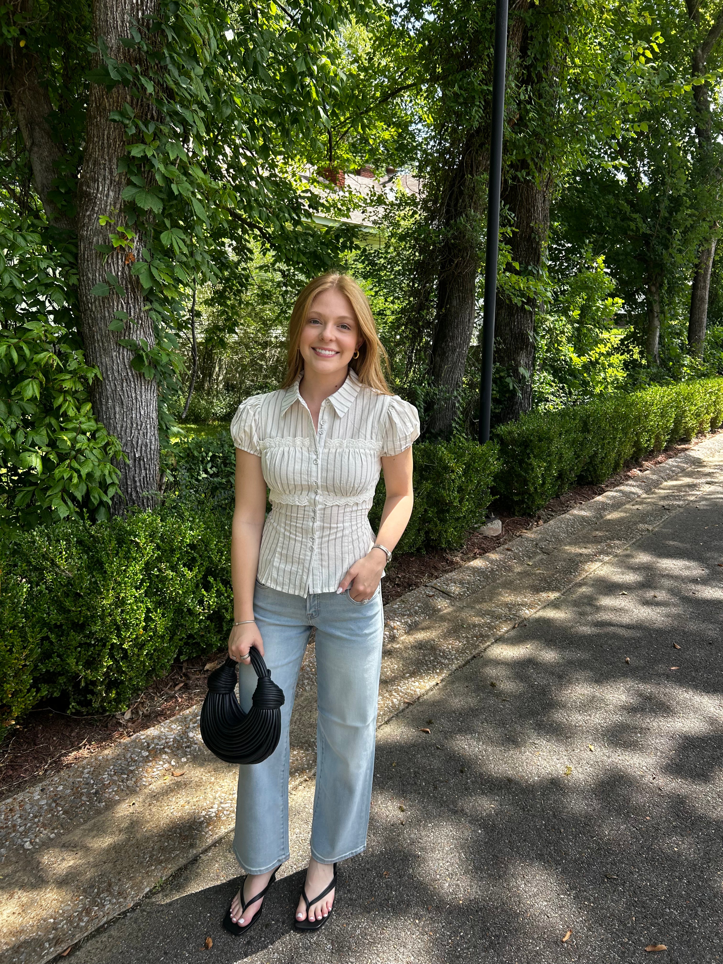 striped tie in the back blouse