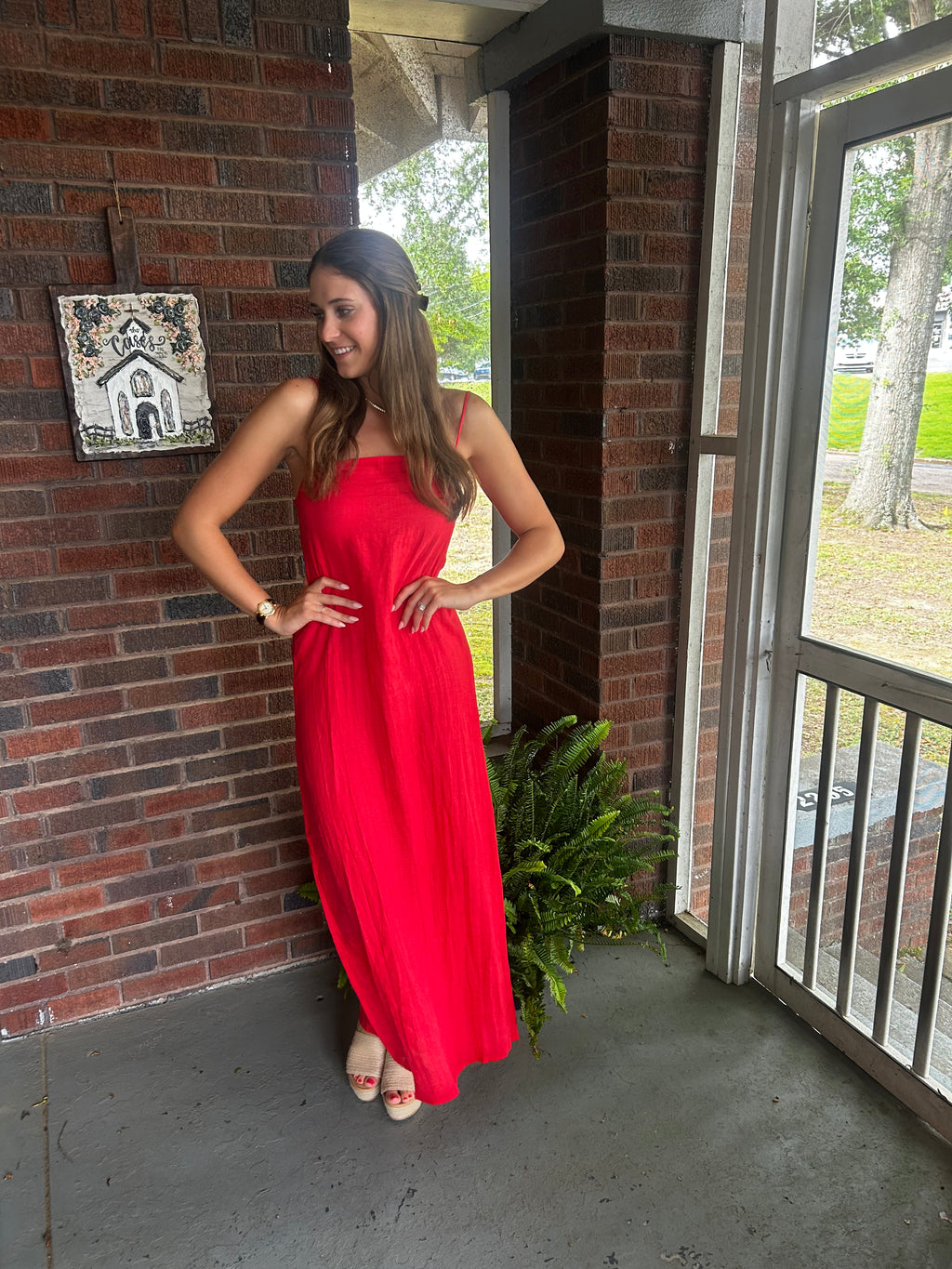 Red linen maxi dress